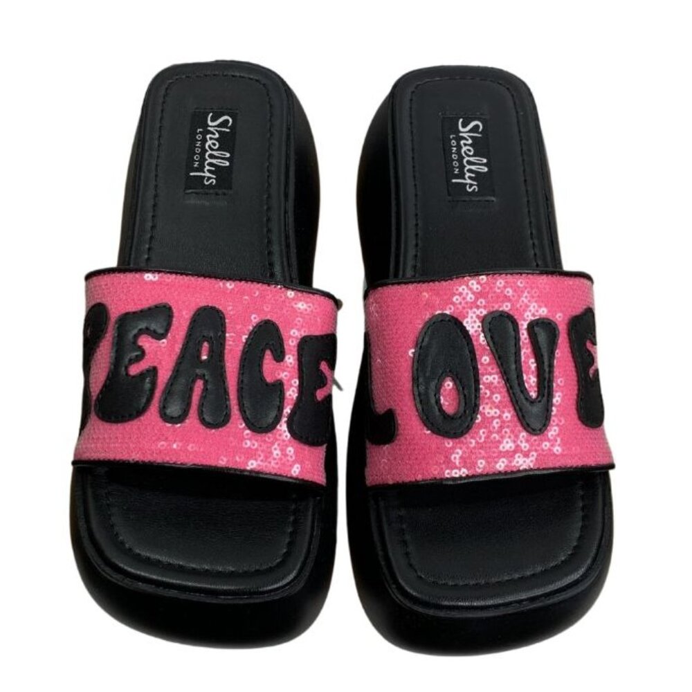 Shellys London Sequin Andi Flatform Mules Pink Women's Size 9 Peace, Love NWB - Picture 4 of 11